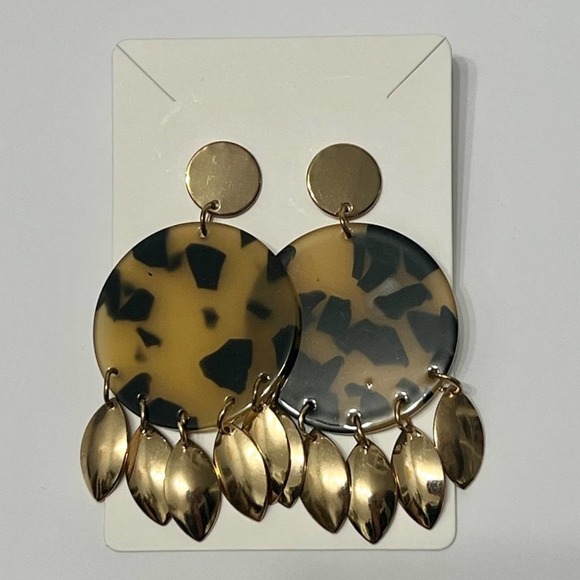 Tort Acrylic Dangle Earrings Gold Brown Round Preppy Lightweight Leaf Dangles - Picture 4 of 5